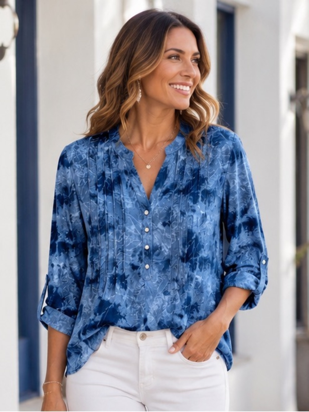 NY Collection Blue Abstract Print Roll Tab Blouse NWT Plus Size